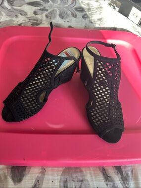 Material Girl Black Laser-Cut Peep Toe Slingback Heels